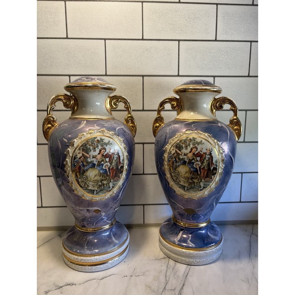 Vintage Le Mieux China 22K Gold Hand Decorated Courting Couple Vase Pair